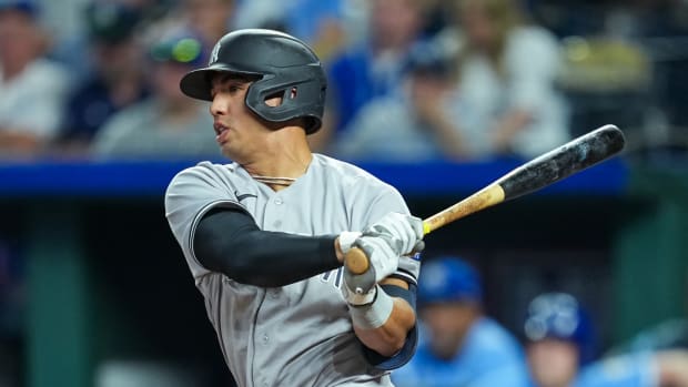 Sep 30, 2023; Kansas City, Missouri, USA; New York Yankees second baseman Gleyber Torres (25) bats during the fifth inning against the Kansas City Royals at Kauffman Stadium.
